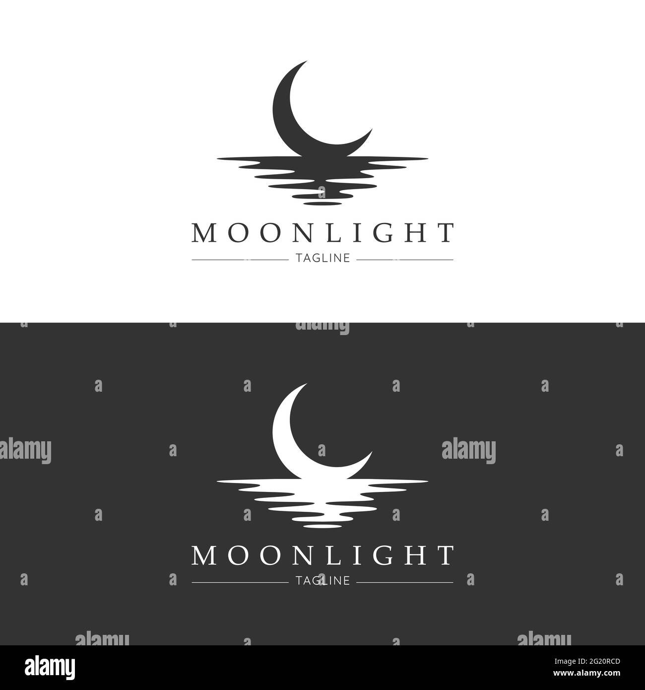 Design con logo Moon. Crescent sopra l'acqua. Mezza luna sul mare. Illustrazione vettoriale. Illustrazione Vettoriale