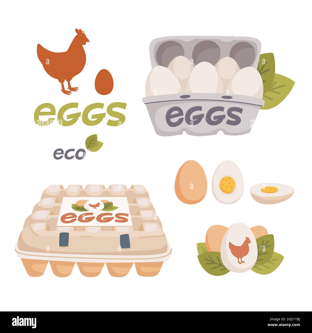 Set di uova di pollo, uova in scatole di cartone e logo di uova fresche da fattoria. Prodotto biologico agricolo, eco. Ingrediente di cottura. Illustrazione vettoriale di stile piatto Illustrazione Vettoriale