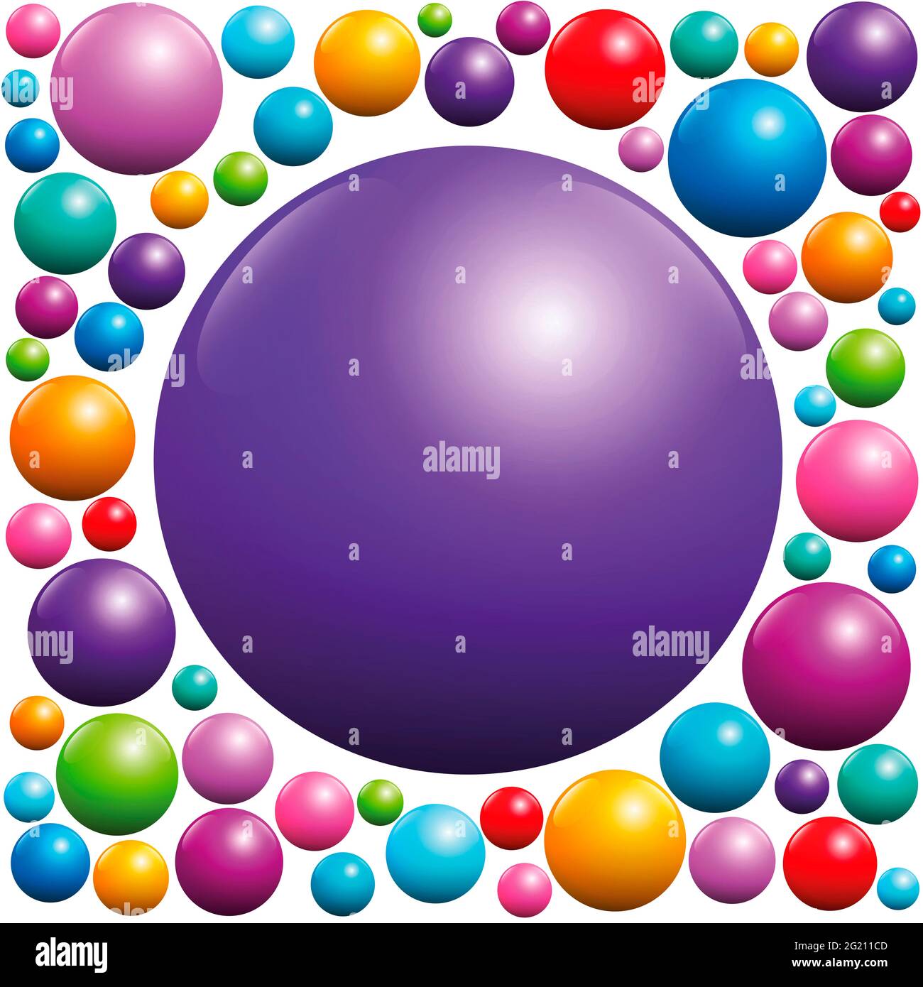 Sfera viola circondata da molte palline colorate - illustrazione su sfondo bianco. Foto Stock