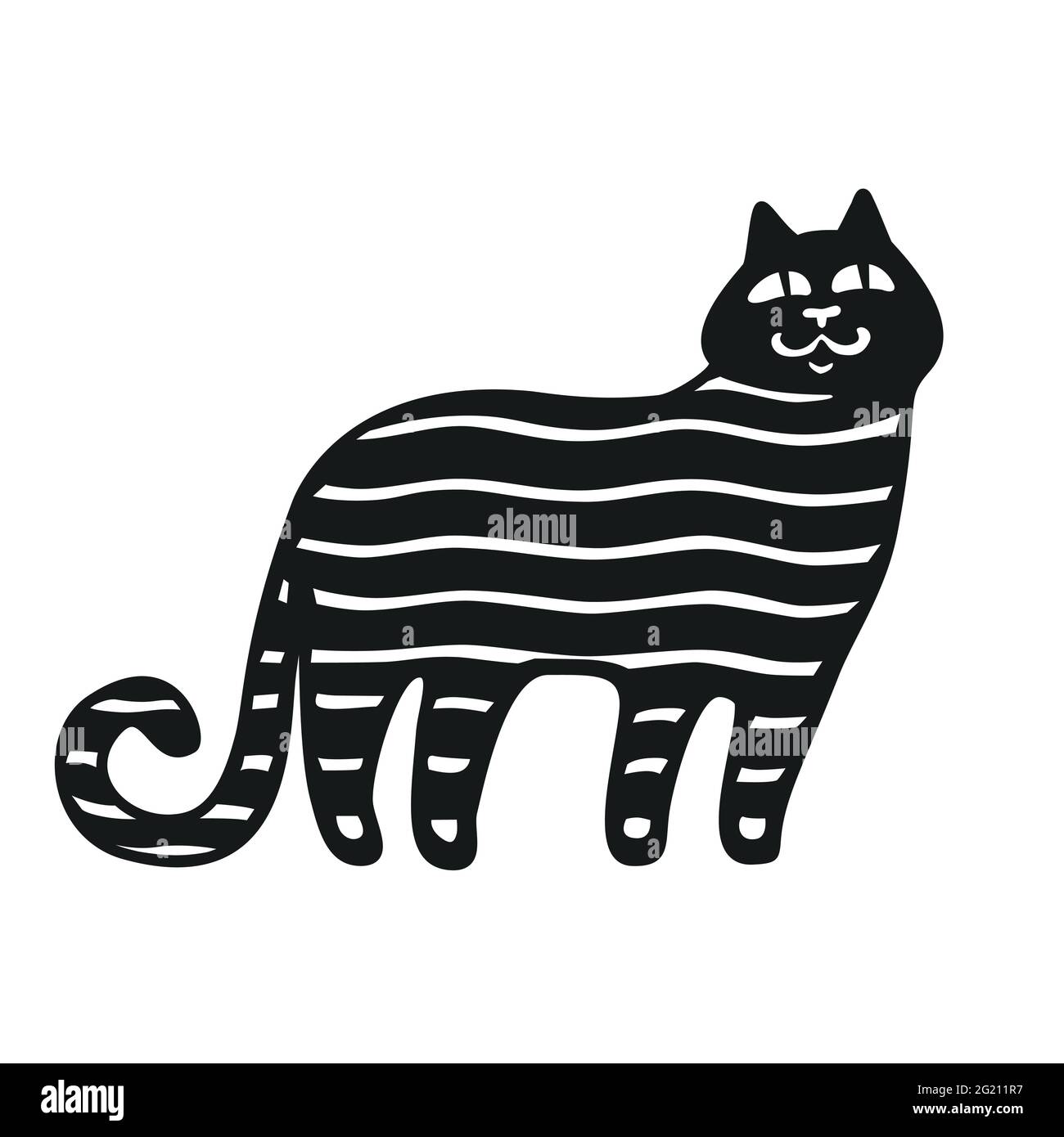 Gatto nero. Silhouette gatto nero con strisce, simpatico gatto tabby. Illustrazione vettoriale in stile cartoon Illustrazione Vettoriale