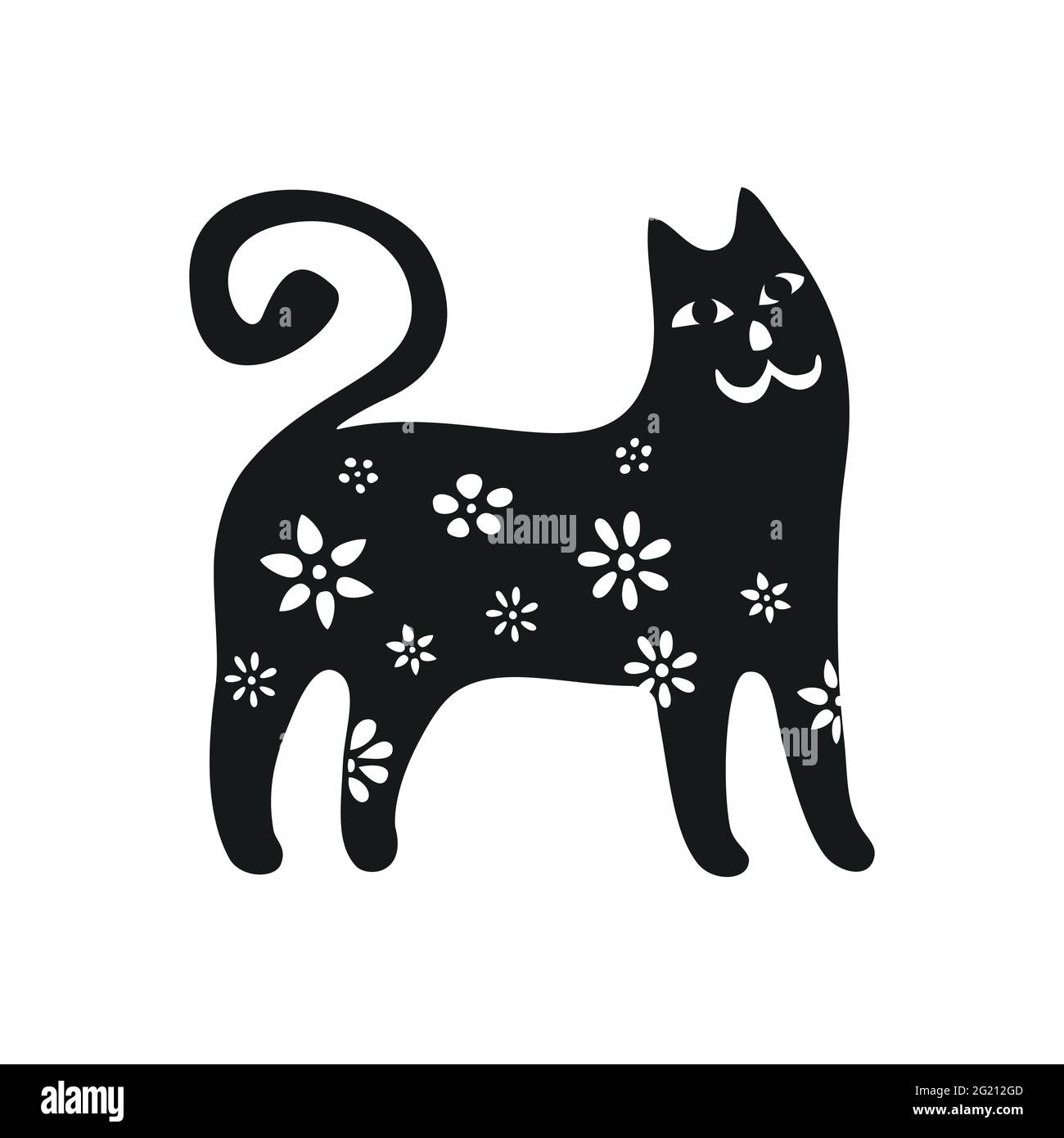Gatto nero. Silhouette gatto nera con dettagli graziosi. Illustrazione vettoriale in stile cartoon Illustrazione Vettoriale