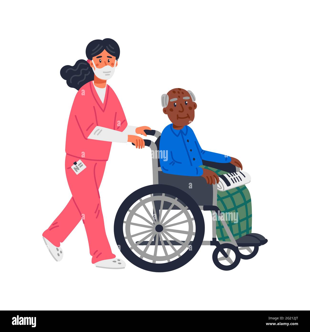 Paziente anziano. Un anziano afroamericano in una sedia a rotelle e un'infermiera femminile in una maschera facciale su sfondo bianco. Protezione delle persone anziane, soggiorno Illustrazione Vettoriale