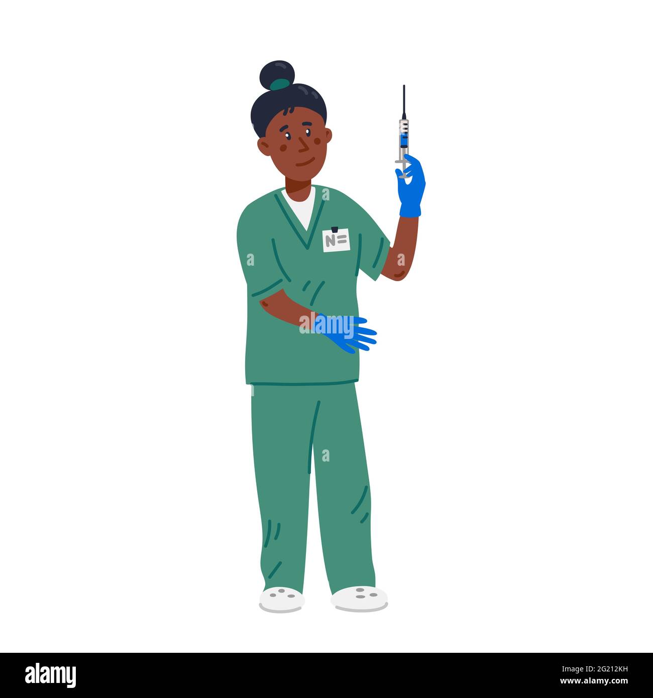 Infermiera - infermiera afroamericana in scrub verdi che tengono la siringa. Team medico in condizioni di pandemia coronavirus, lotta contro covid-19. Stile piatto Illustrazione Vettoriale