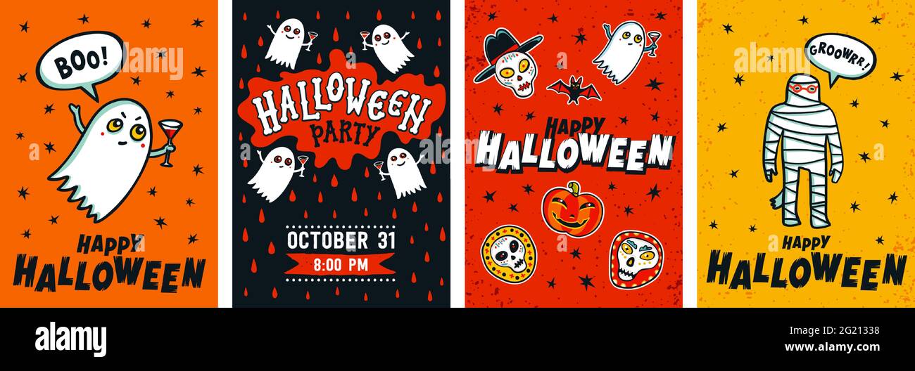 Poster di Halloween. Raccolta vettoriale di inviti o biglietti di auguri di Halloween. Illustrazione vettoriale in stile cartoon piatto Illustrazione Vettoriale