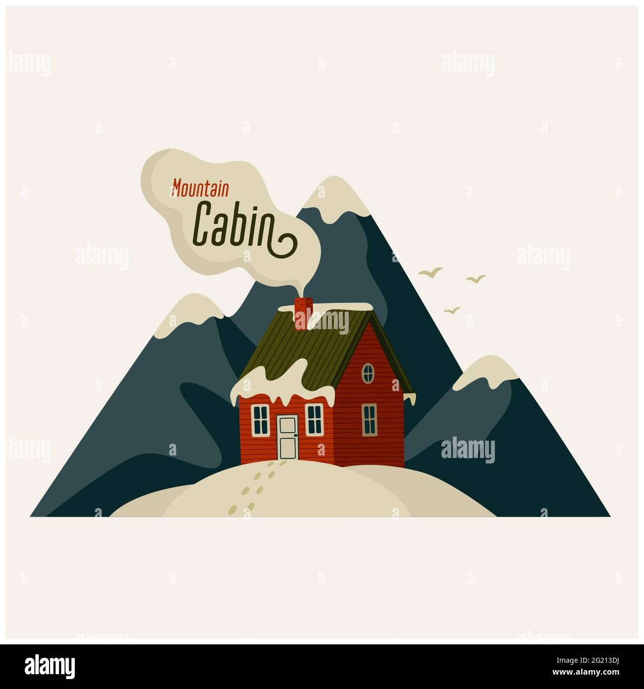 Cabina di montagna. Casa rossa in montagne innevate su uno sfondo chiaro. Illustrazione vettoriale in stile cartoon piano Illustrazione Vettoriale