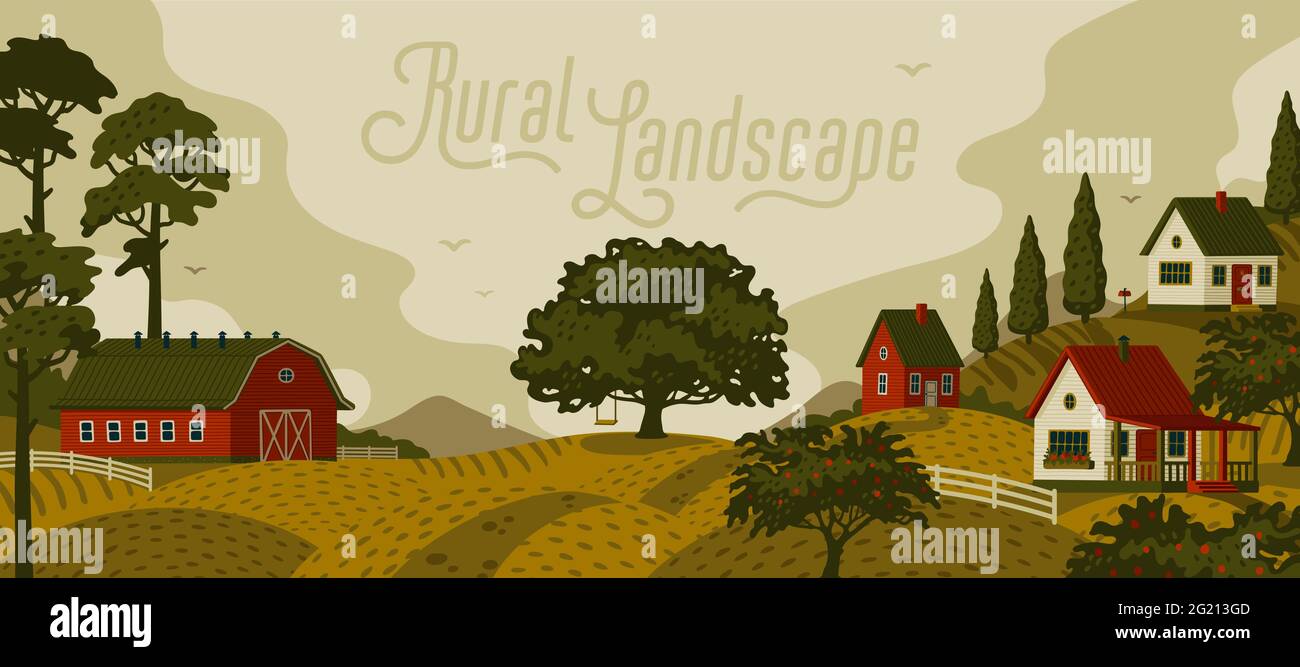 Paesaggio rurale. Paesaggio panoramico con villaggio e alberi. Illustrazione vettoriale in stile cartoon piano Illustrazione Vettoriale