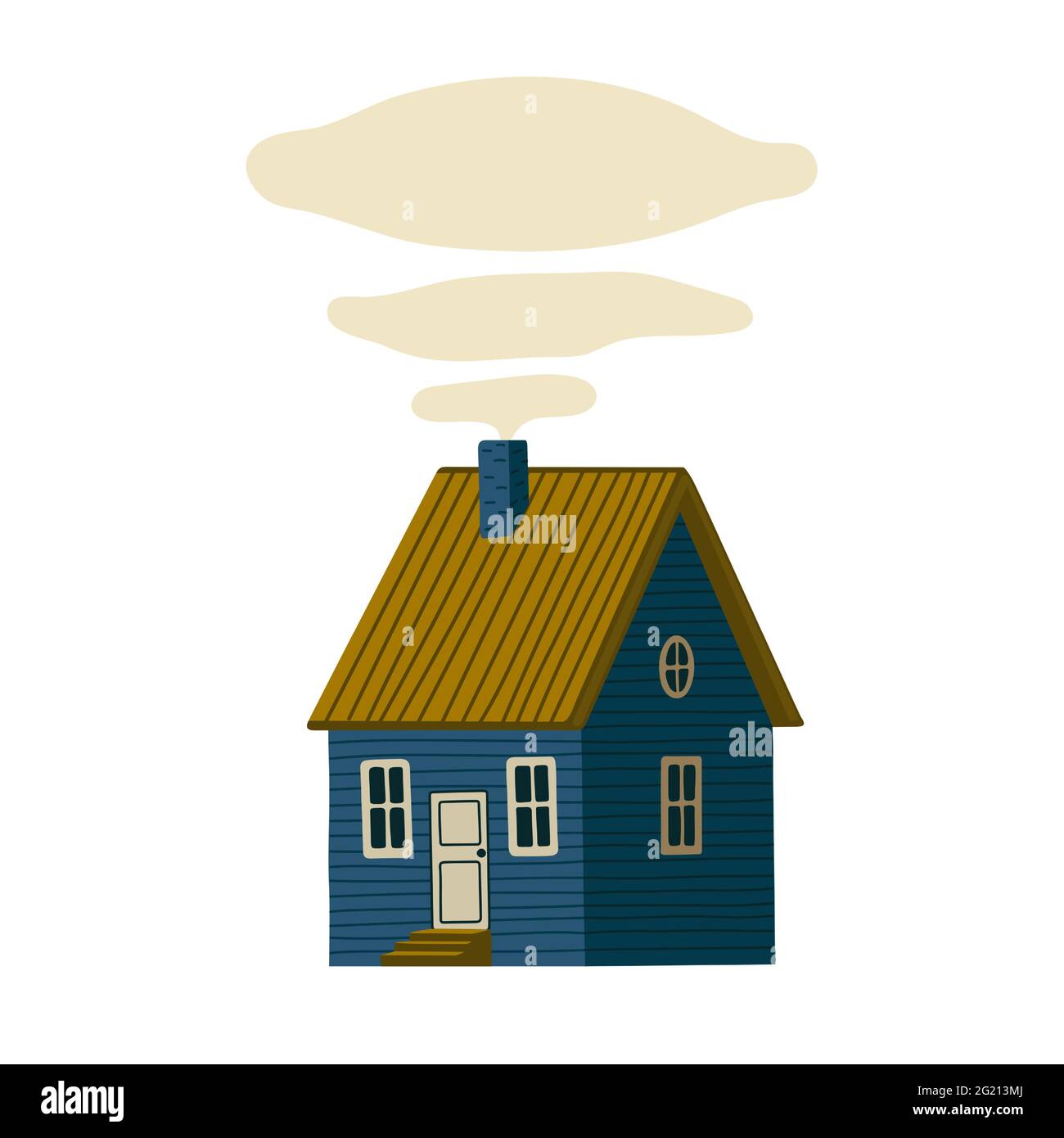 Casa blu. Casa in legno di granaio in stile rustico con fumo dal camino. Illustrazione vettoriale in stile cartoon piatto su sfondo bianco Illustrazione Vettoriale