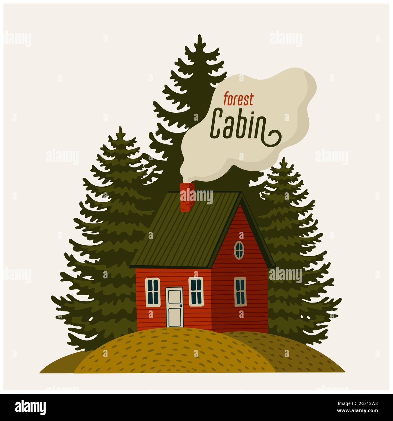 Cabina forestale. Casa di legno e alberi di pino su uno sfondo chiaro. Illustrazione vettoriale in stile cartoon piano Illustrazione Vettoriale