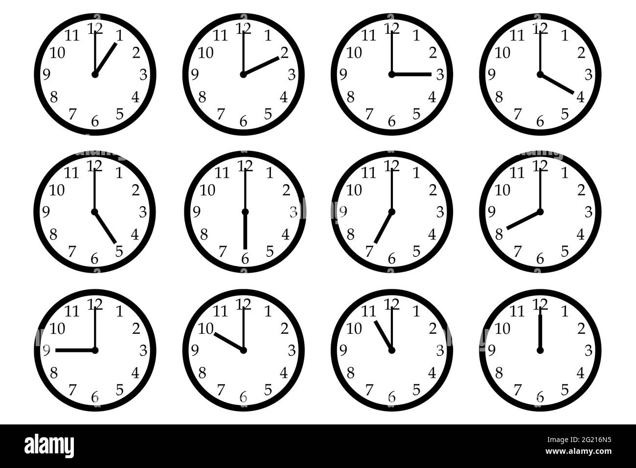 Set di 12 icone orologio, che mostrano orari diversi. Foto Stock