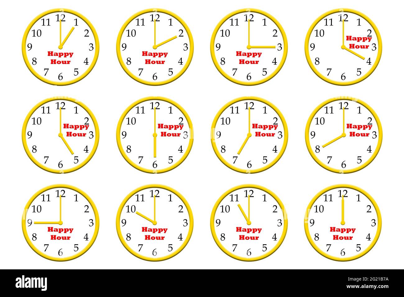 Set di 12 icone orologio con cornice dorata , con l'etichetta 'Happy Hour' per l'uso in ecommerce. Foto Stock
