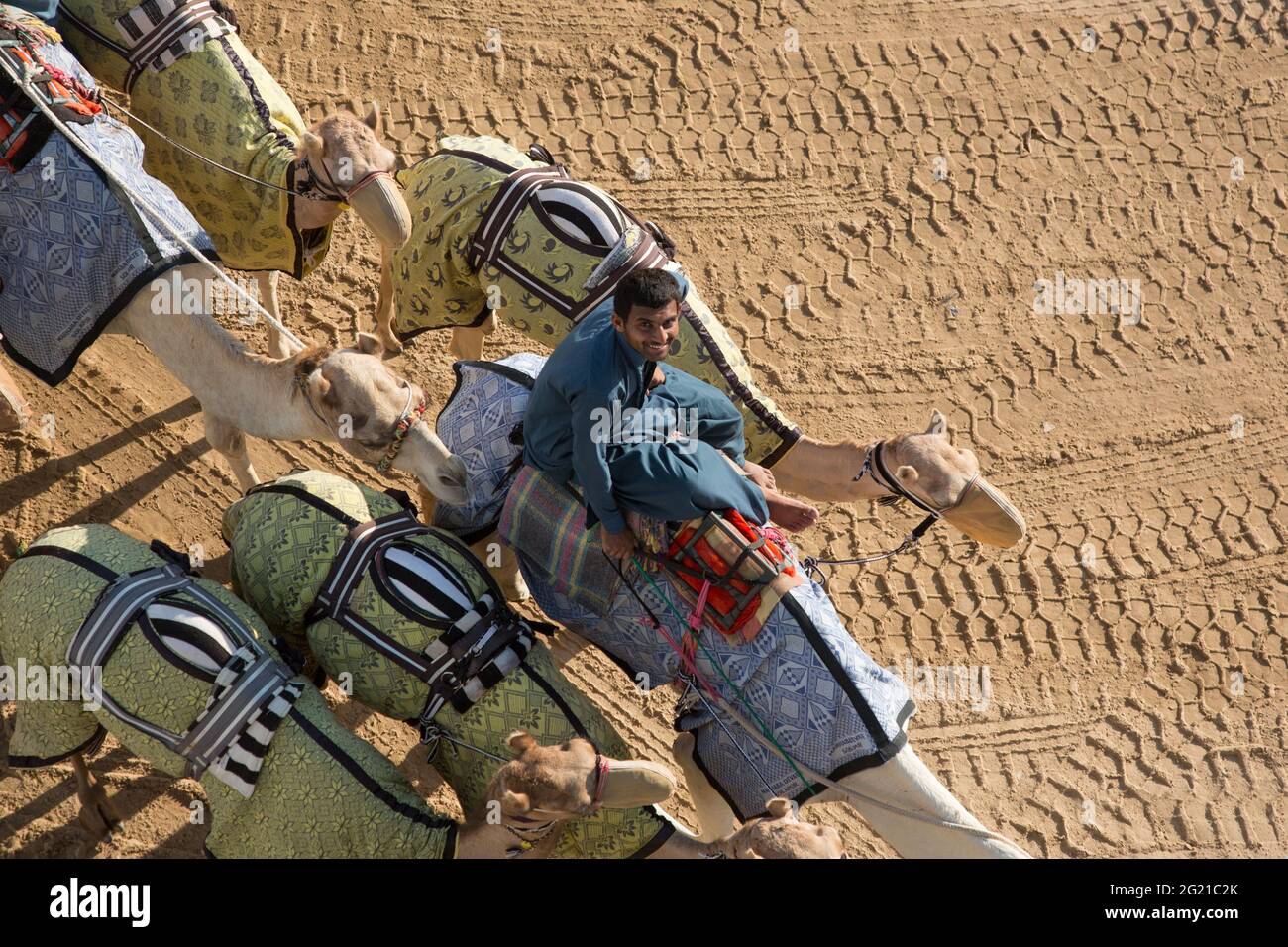 Un giovane fantino pakistano allena i giovani cammelli al Dubai Camel Race Track, Dubai, Emirati Arabi Uniti Foto Stock