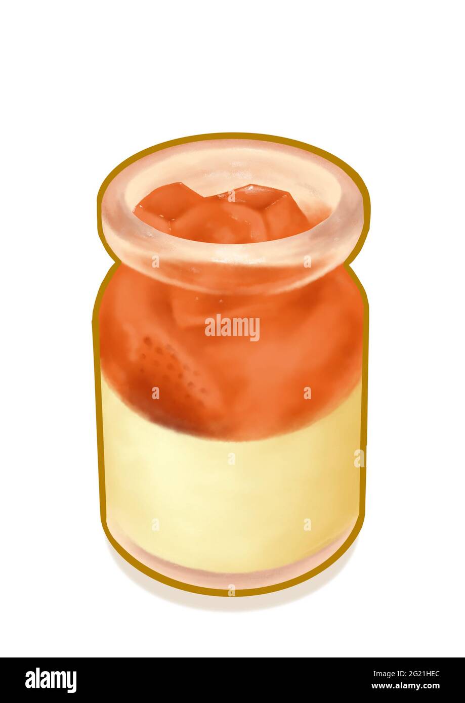 Strawberry panna cotta, un dipinto digitale di budino di pannacotta con fragole che si constano in piccole bottiglie di vetro raster illustrazione 3D isolato su wh Foto Stock
