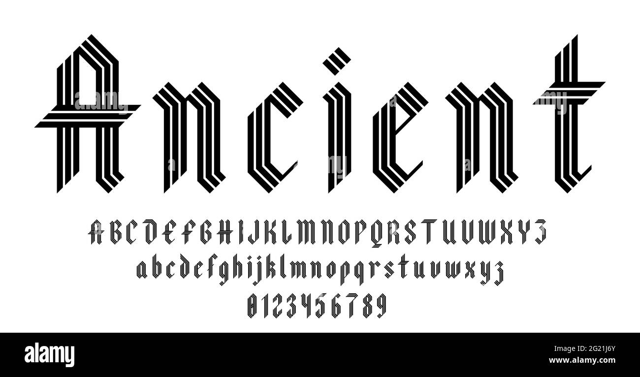 Set di lettere e numeri di caratteri alfabetici lettera nera vintage antica illustrazione vettoriale concettuale Illustrazione Vettoriale