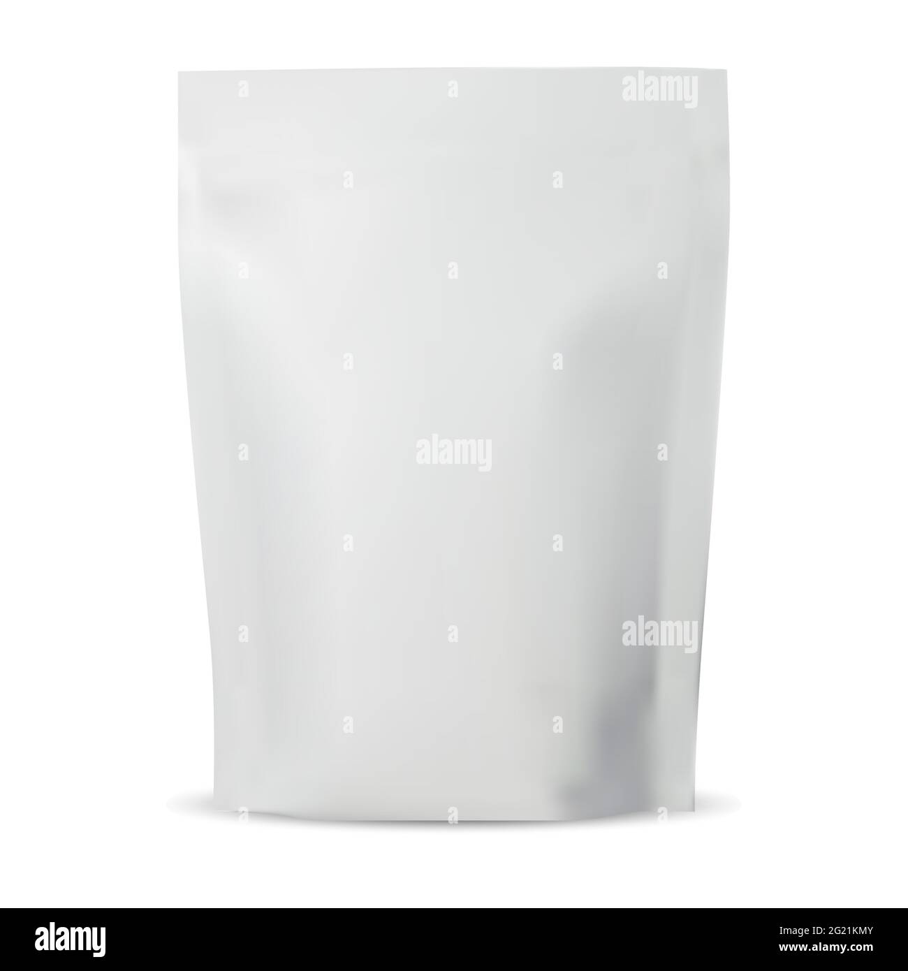 Custodia con zip. Sacchetto di plastica per il caffè mock-up, foglio di alluminio vuoto su bianco. Illustrazione del pacchetto di tè isolato. Sacchetto flessibile realistico, pasta o flower wrap Illustrazione Vettoriale