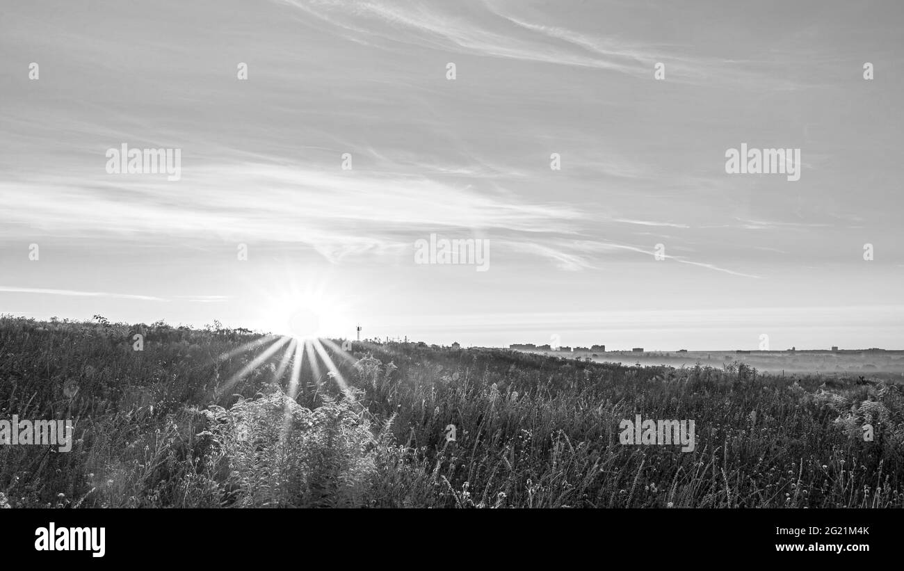 I primi raggi del sole nascente in un campo alla periferia della città Foto Stock