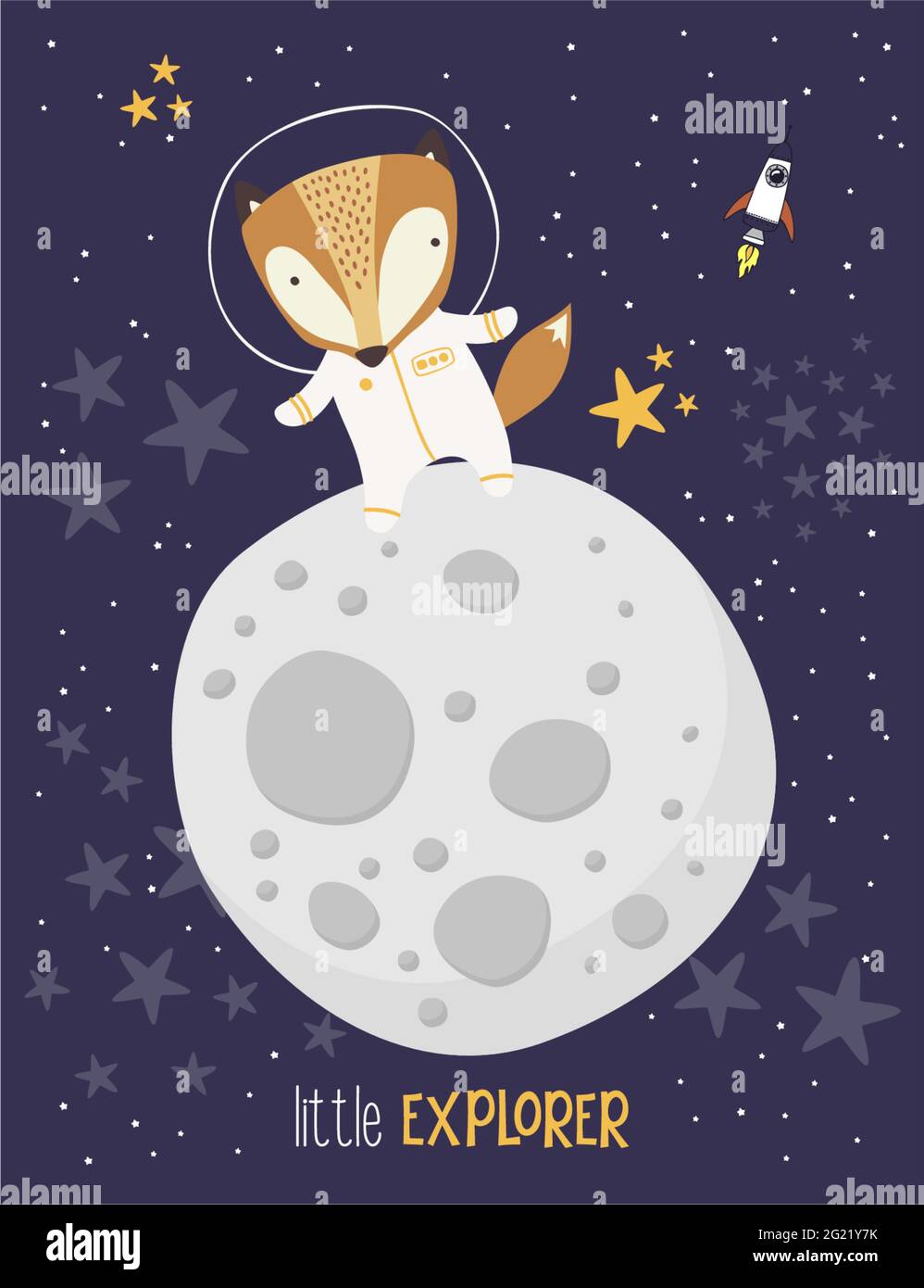 Carino volpe in abito astronauta su sfondo stellato e luna. Disegnata illustrazione di stile. Può essere usato per decorazione della stanza dei bambini, disegno per il bambino ed i capretti Illustrazione Vettoriale