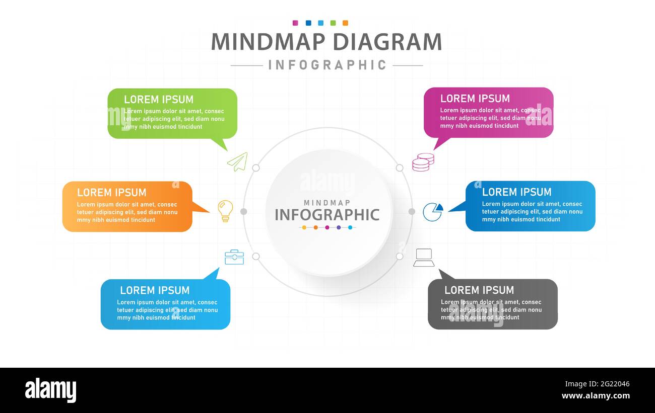 Modello infografico per le aziende. Diagramma della mindmap a 6 passi, infografica del vettore di presentazione. Illustrazione Vettoriale