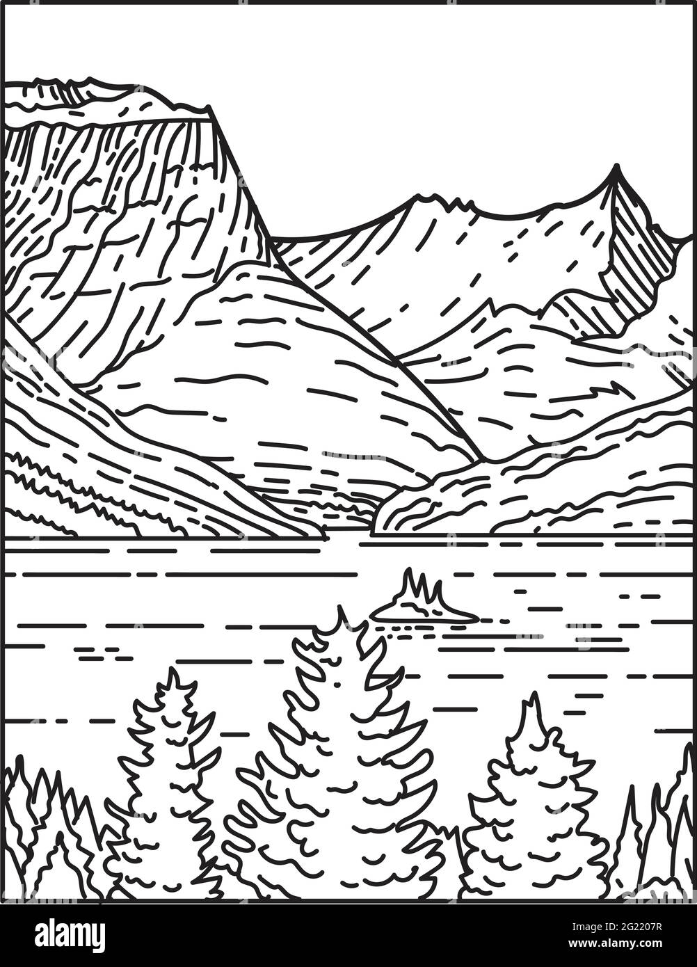 Illustrazione monolinea di Saint Mary Lake e Wild Goose Island nel Glacier National Park situato nello stato del Montana Stati Uniti d'America fatto Illustrazione Vettoriale