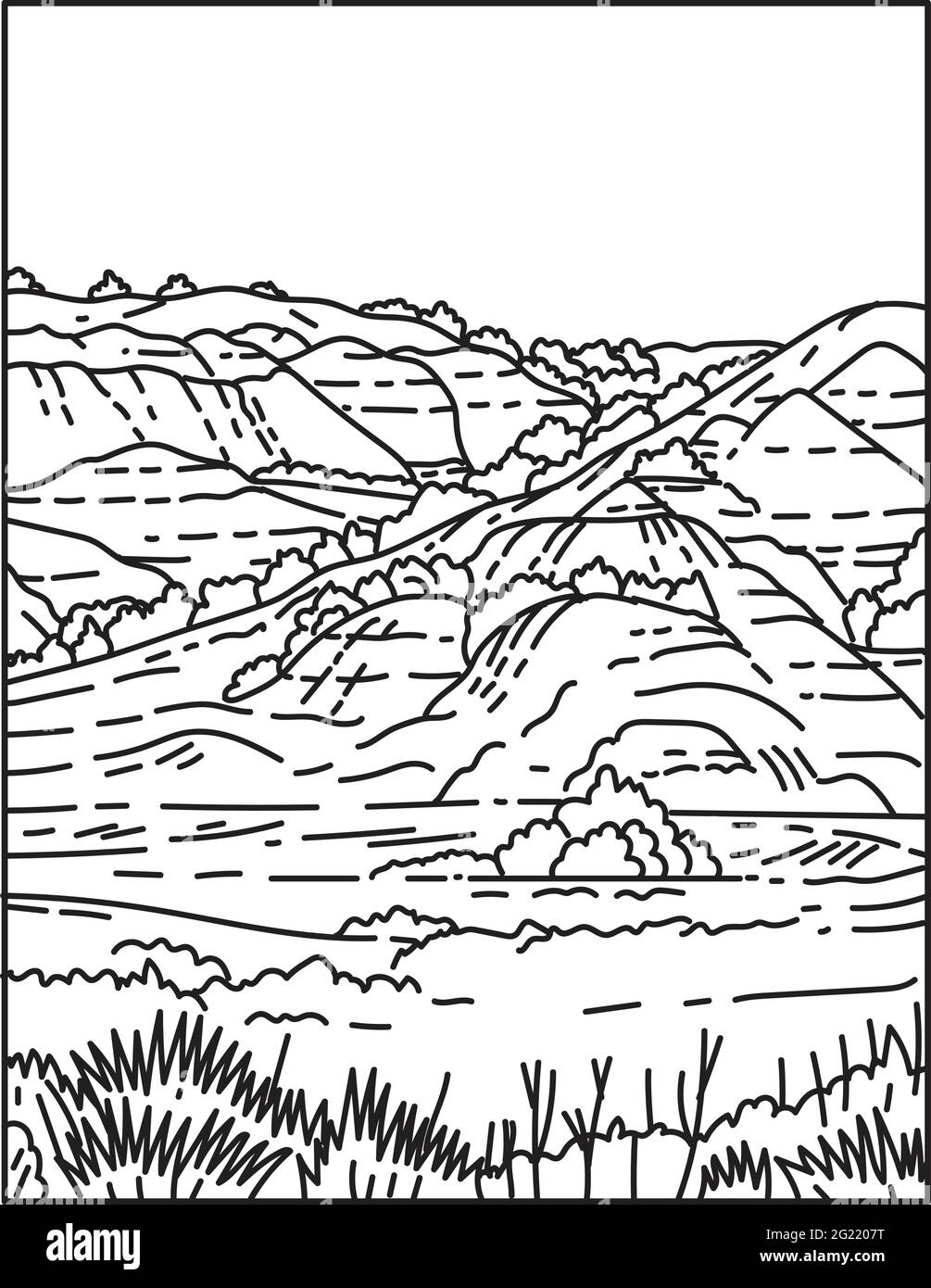 Illustrazione monolinea del Canyon dipinto situato nel Parco Nazionale di Theodore Roosevelt nel North Dakota occidentale, Stati Uniti d'America fatto in ret Illustrazione Vettoriale