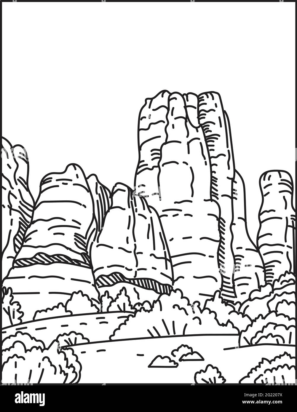 Illustrazione monolinea degli aghi nell'angolo sud-est del Canyonlands National Park nello Utah, Stati Uniti d'America fatto in nero retrò e w Illustrazione Vettoriale