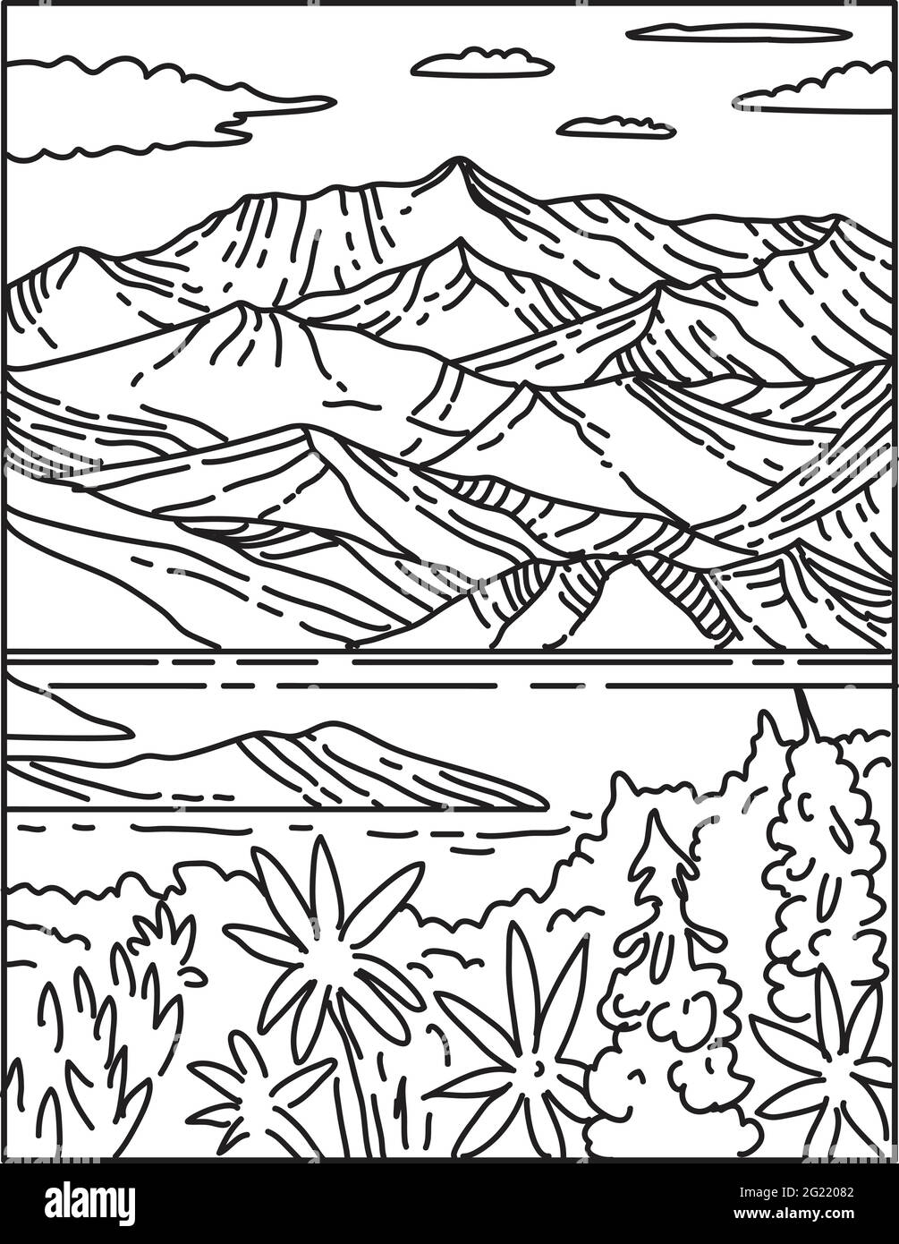 Illustrazione in linea singola di Wrangell-St. Elias National Park and Preserve situato nel centro-sud dell'Alaska, Stati Uniti d'America fatto in nero retrò Illustrazione Vettoriale