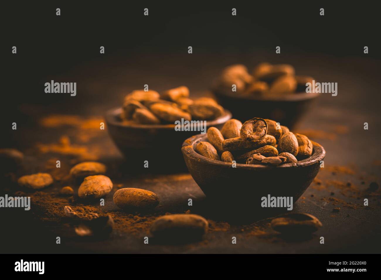 Fagioli di cacao organici in piccole ciotole su sfondo marrone. Cottura e cottura degli ingredienti Foto Stock