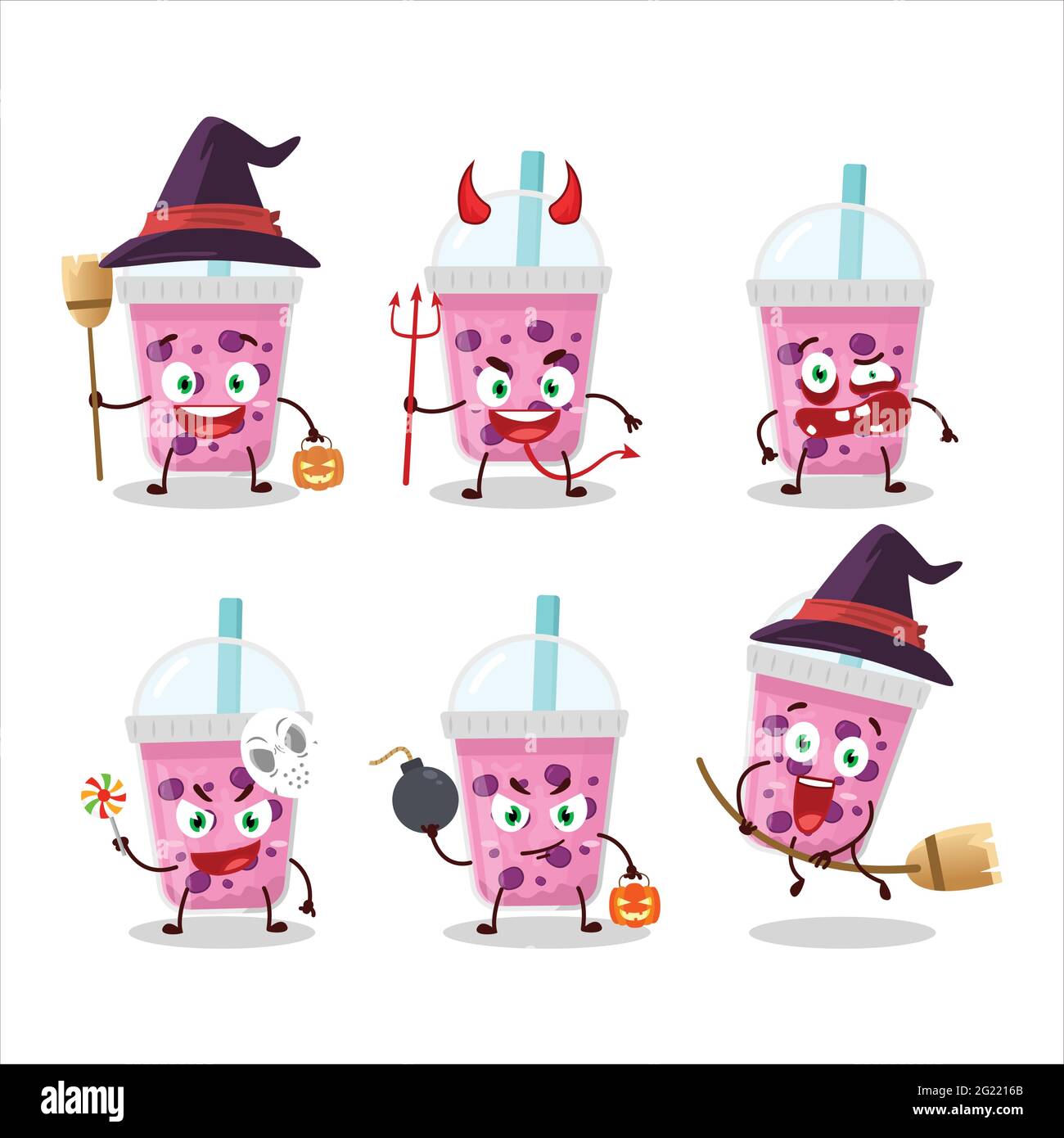 Emoticon di espressione di Halloween con carattere cartoon di uva latte con boba. Illustrazione vettoriale Illustrazione Vettoriale