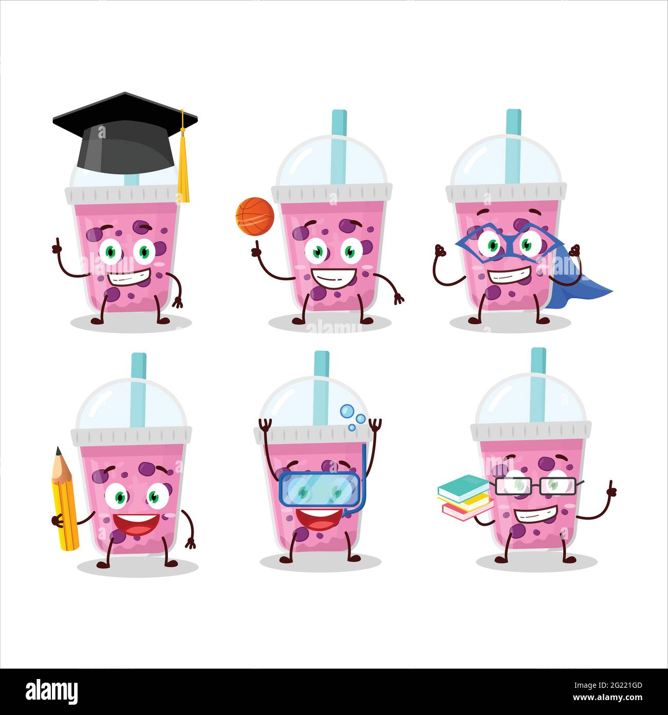 Studente di scuola di latte d'uva con carattere boba cartoon con varie espressioni. Illustrazione vettoriale Illustrazione Vettoriale