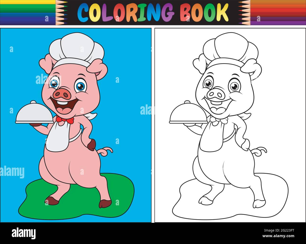 Libro da colorare con vignetta chef di maiale Illustrazione Vettoriale