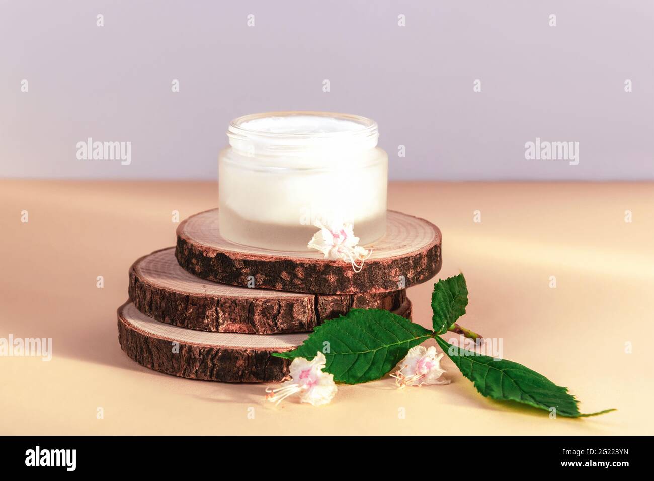 Vasetto di crema e foglie di castagno e fiori su tavola beige. Concetto di cosmetica biologica naturale. Bock up. Foto Stock