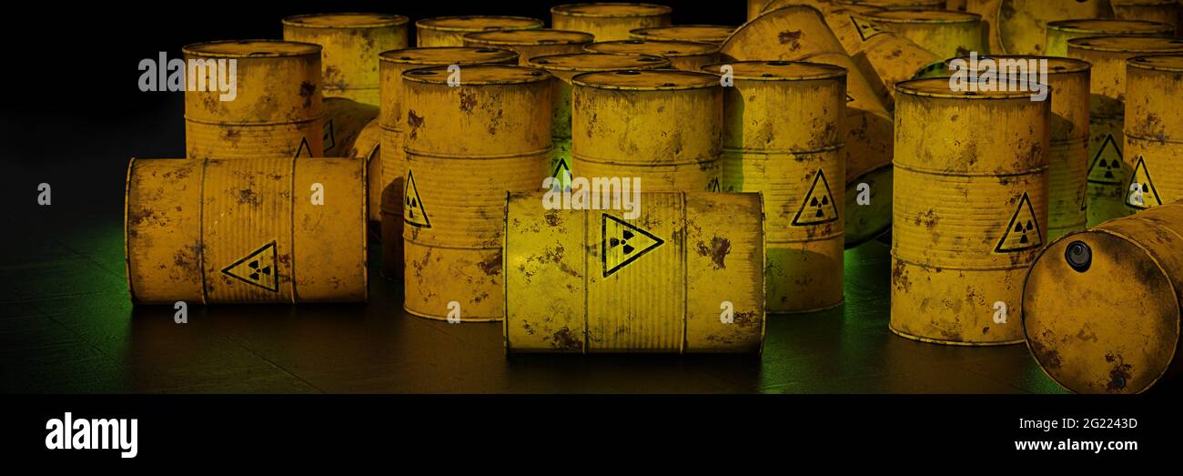 residui radioattivi in barili, striscione di fondo con spazio vuoto Foto Stock