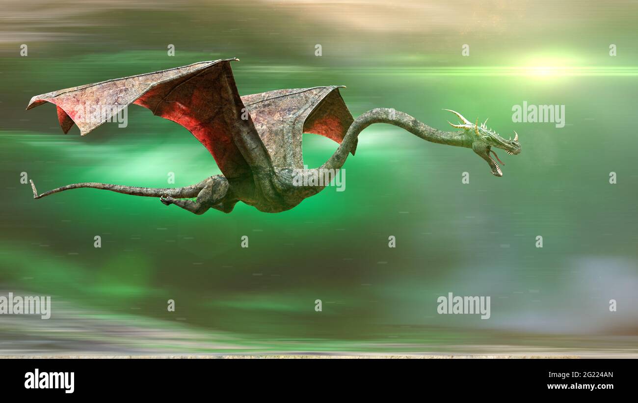 drago volante veloce, creatura leggendaria di fronte a uno sfondo astratto Foto Stock