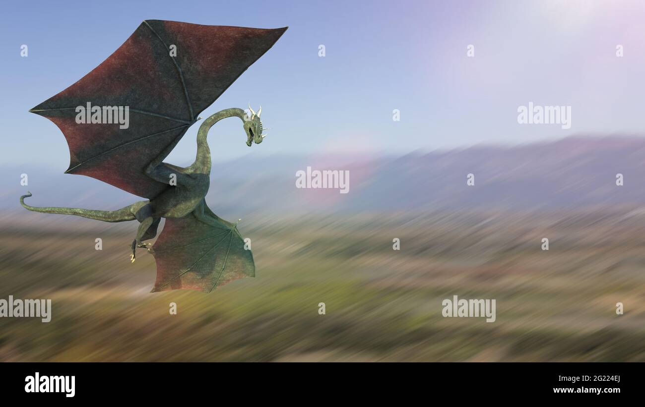 drago volante, creatura mistica che vola sopra un paesaggio di foresta Foto Stock
