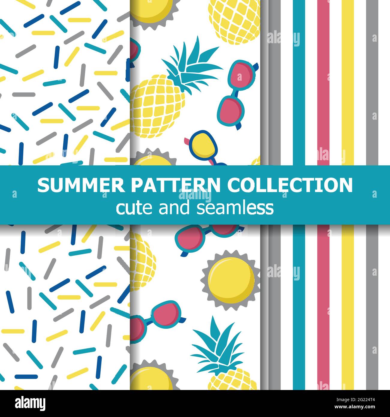 Succosa collezione di motivi estivi. Tema ananas. Banner estivo. Vettore. Illustrazione Vettoriale