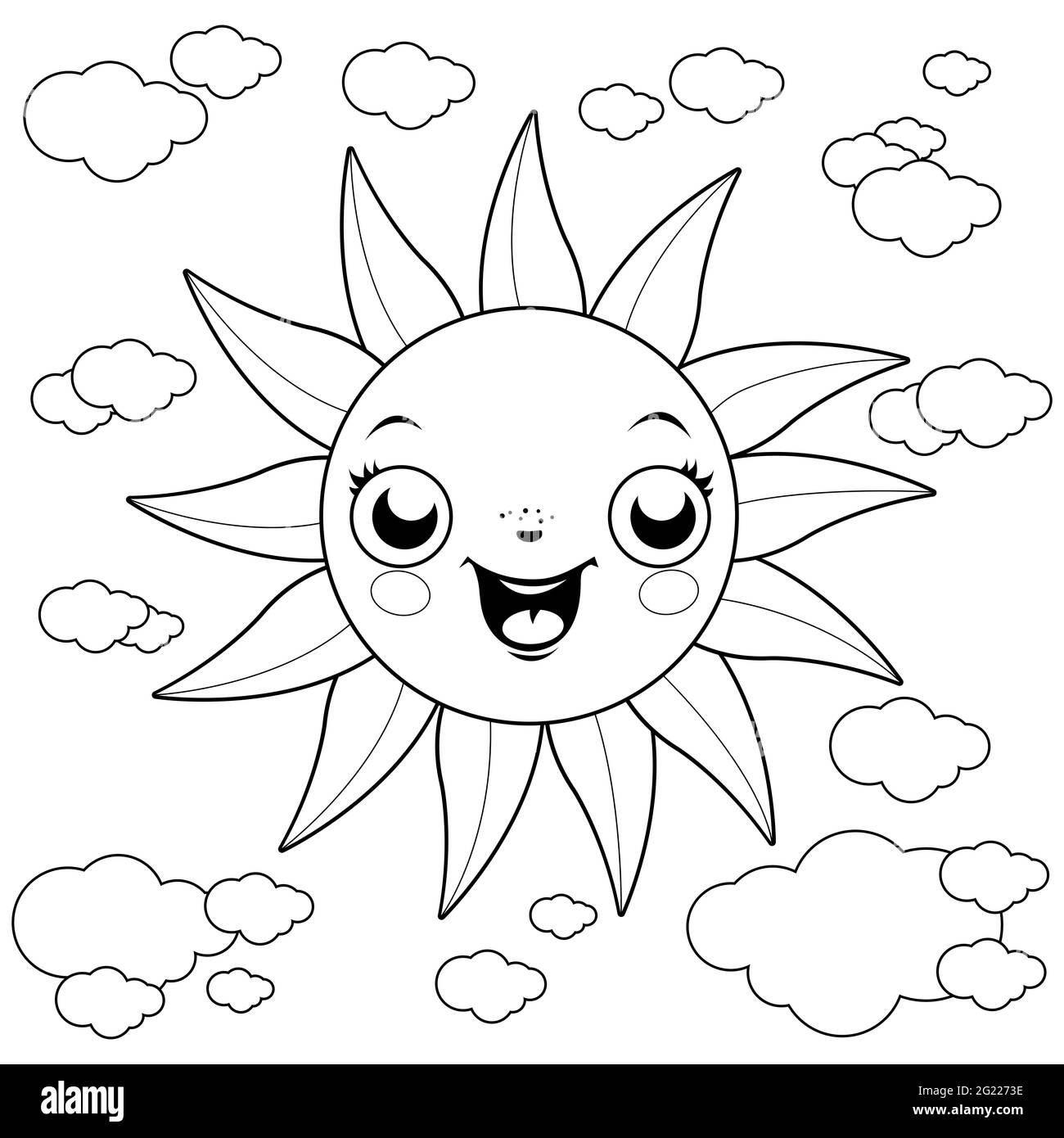Illustrazione cartoon di un sole e nuvole al cielo. Pagina da colorare in bianco e nero. Foto Stock