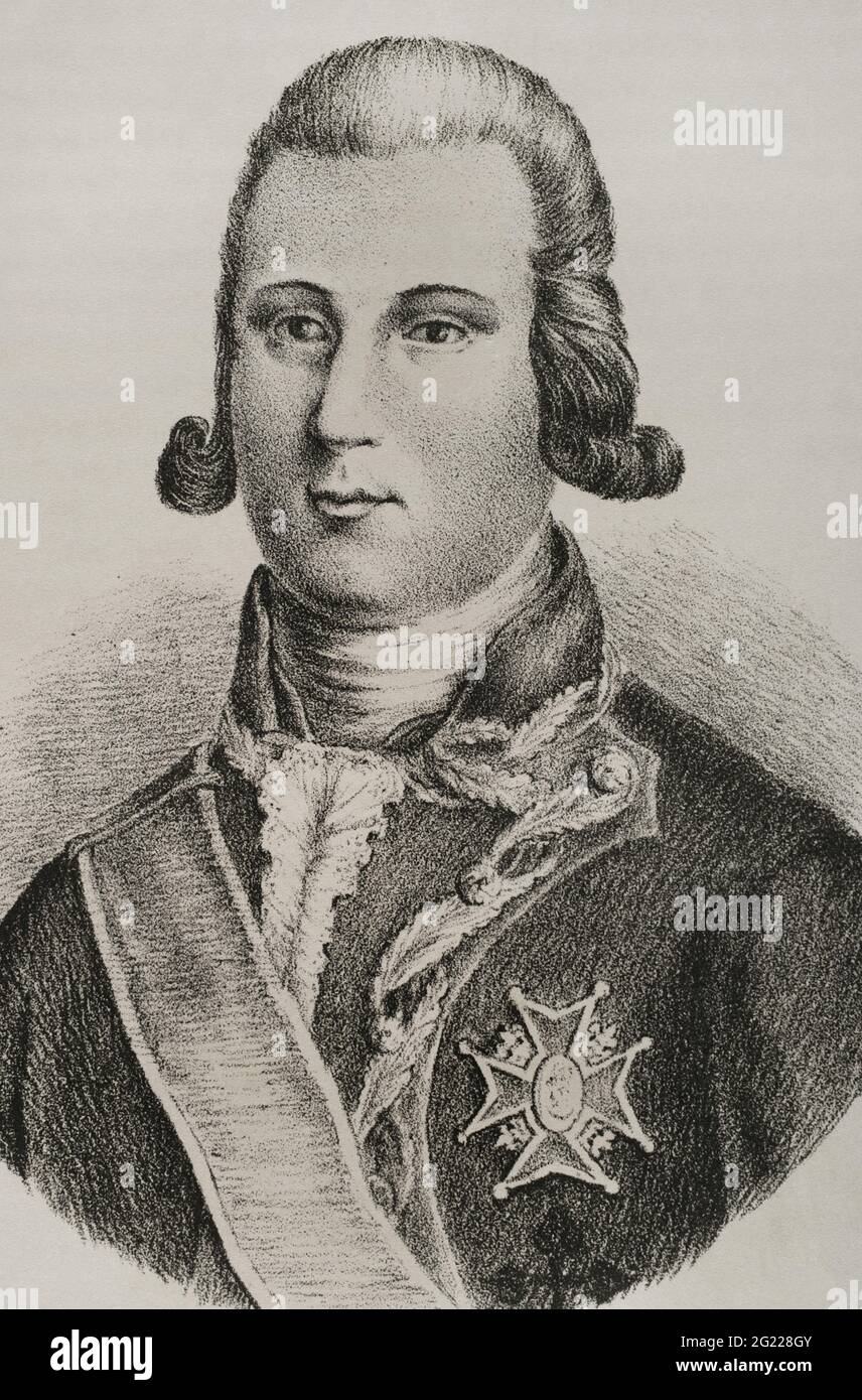 Luis Fermín de Carvajal Vargas y Brun (1752-1794). 1° Conte di la Unión. Militare spagnola. Nato a Lima (Perù), Re Carlo III gli concesse il titolo nobiliare nel 1768. Verticale. Incisione. Historia del Levantamiento, guerra y Revolución de España della Conde de Toreno. Madrid, 1851. Foto Stock