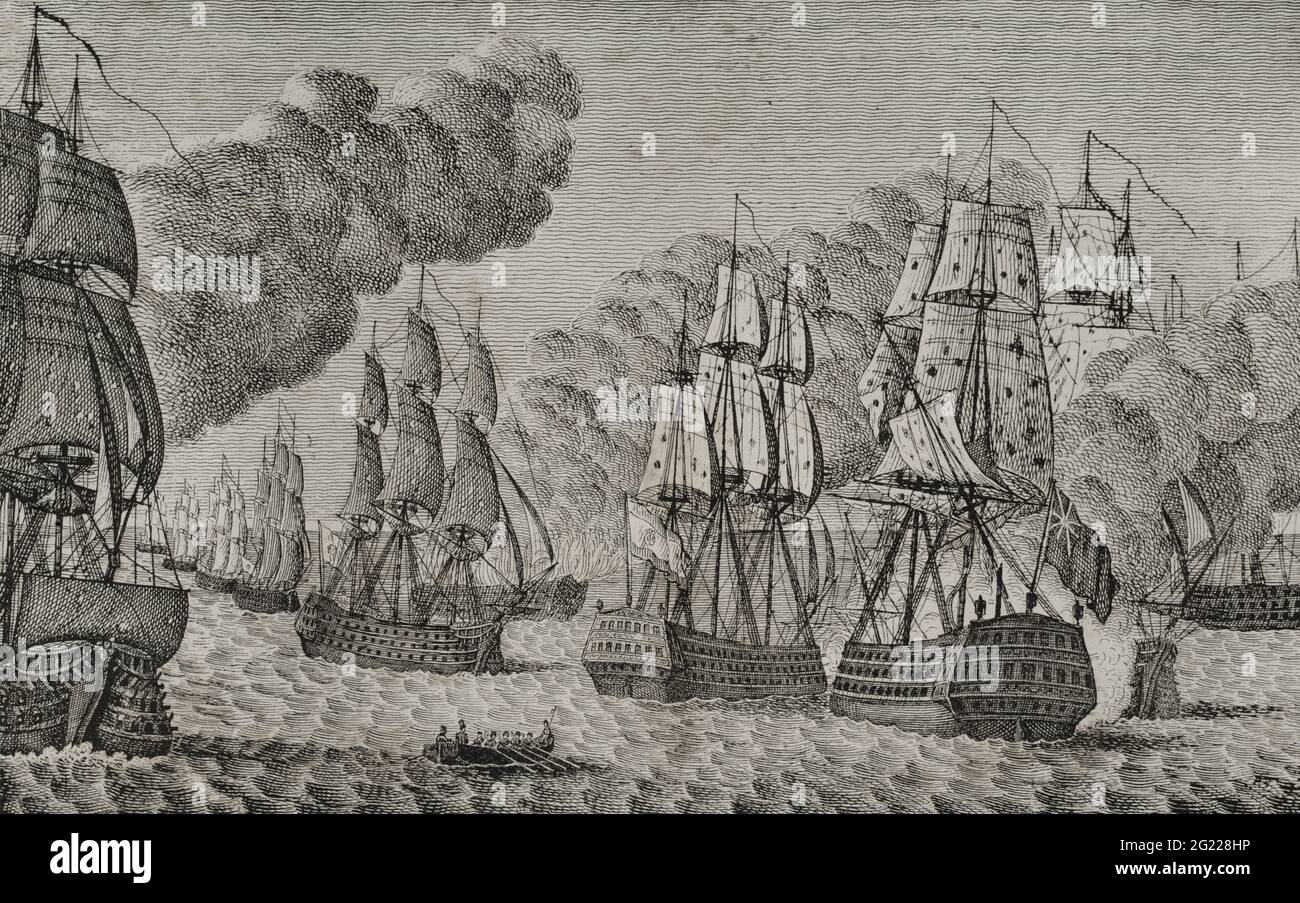 Battaglia di Trafalgar (21 ottobre 1805). Combattimenti navali che hanno affrontato la Spagna e la Francia contro la Gran Bretagna, sotto il comando del tenente generale Gravina (Spagna), dell'ammiraglio Villeneuve (Francia) e del vice ammiraglio Nelson (Gran Bretagna). Guerra anglo-spagnola (1804-1809). Terza Coalizione. Incisione. Historia del Levantamiento, guerra y Revolución de España della Conde de Toreno. Madrid, 1851. Foto Stock