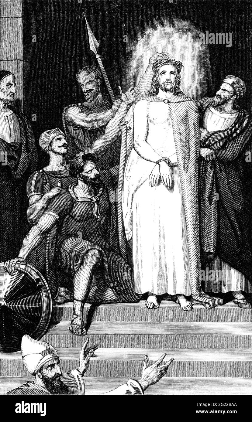 Un'immagine illustrativa incisa di Gesù Cristo con una corona di spine da un libro georgiano del 1836 che non è più in copyright Foto Stock Un'immagine illustrativa incisa di Gesù Cristo con una corona di spine da un libro georgiano del 1836 che non è più in copyright Foto Stock