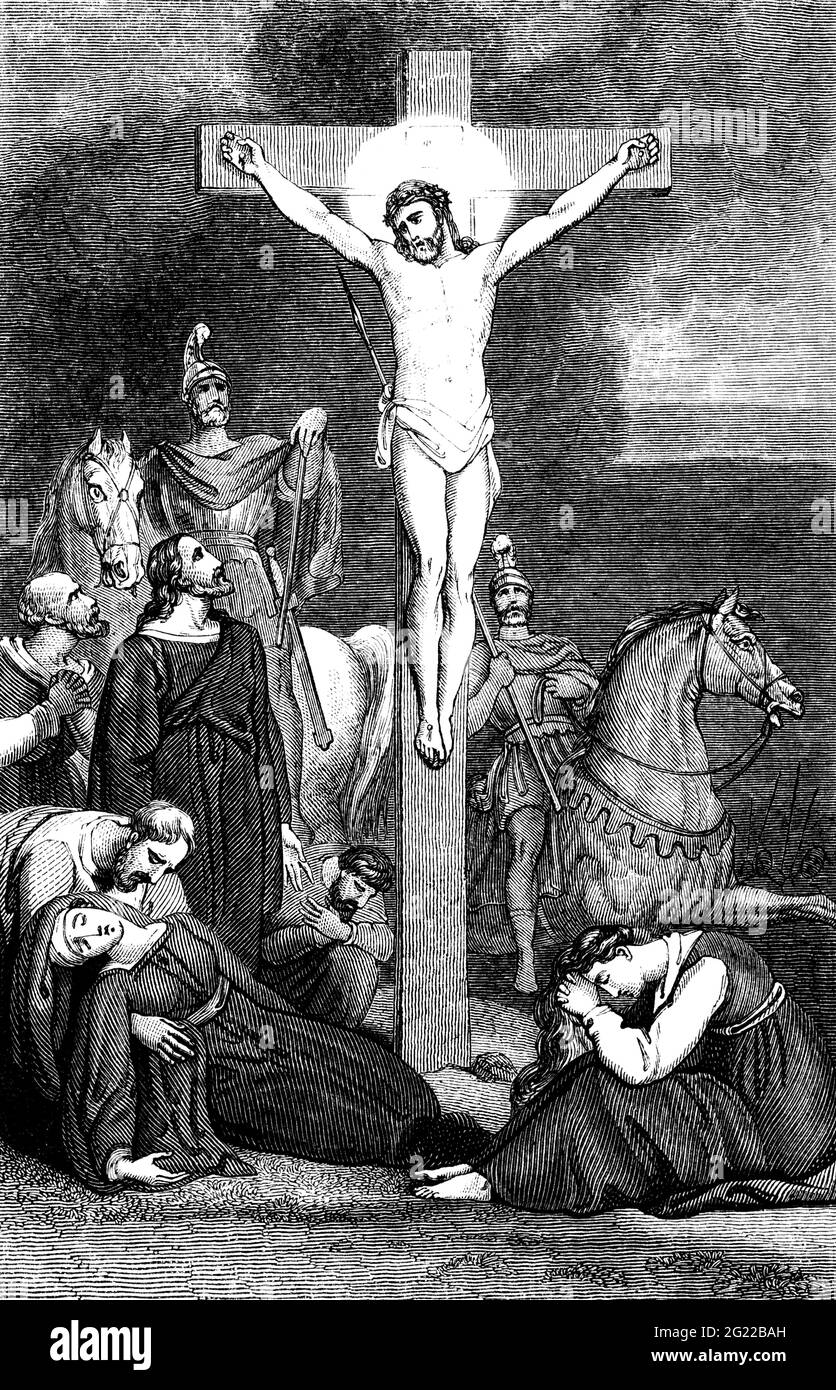 Un'immagine illustrativa incisa della Crocifissione di Gesù Cristo da un libro georgiano del 1836 che non è più in copyright Foto Stock