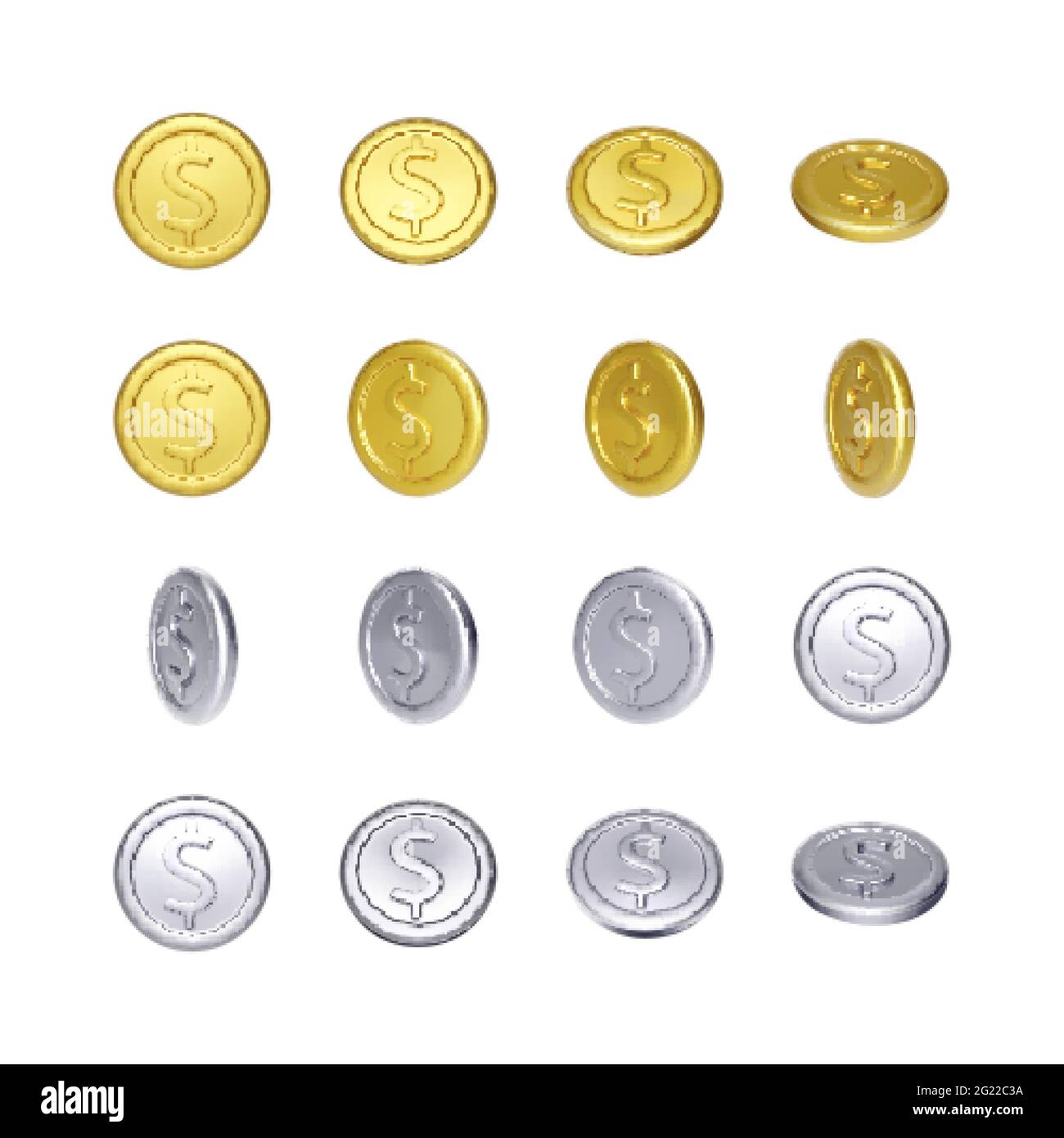 Set di monete d'oro e d'argento con simbolo del dollaro. Rotazione denaro metallico. Illustrazione vettoriale Illustrazione Vettoriale