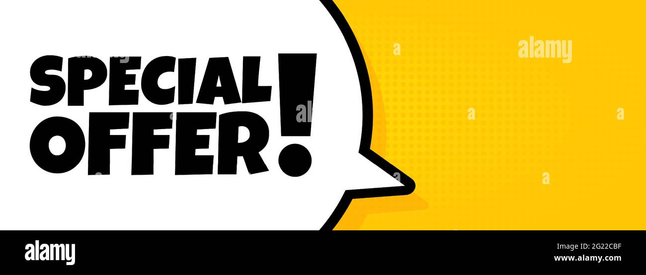 Offerta speciale. Banner a bolla di voce con testo dell'offerta speciale. Altoparlante. Per il commercio, il marketing e la pubblicità. Vettore su sfondo isolato. EPS Illustrazione Vettoriale
