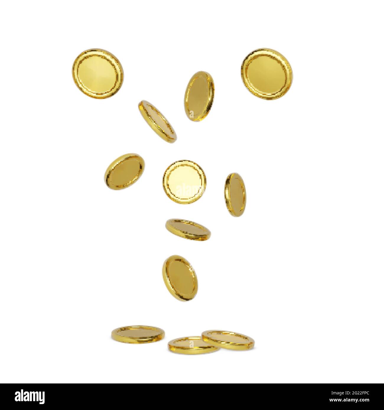 Esplosione di moneta d'oro realistico su sfondo bianco.Cash tesoro concetto. Jackpot o elemento di vittoria del poker del casinò. Denaro in caduta o in volo. Vettore Illustrazione Vettoriale