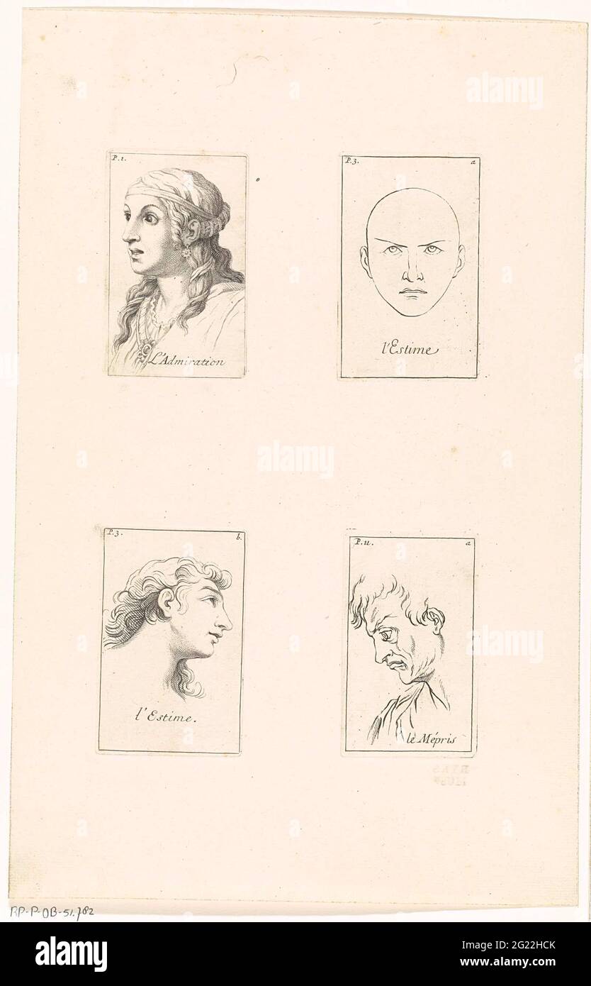 Performance di emozioni diverse. Foglie necessarie con quattro stampe con prestazioni di teste che esprimono diverse emozioni. Da sinistra a destra, dall'alto verso il basso: L'Admiration, l'Estime, l'Estime., le Mépris. Le stampe hanno un titolo in francese e sono contrassegnate con un numero di pagina e una lettera. Foto Stock