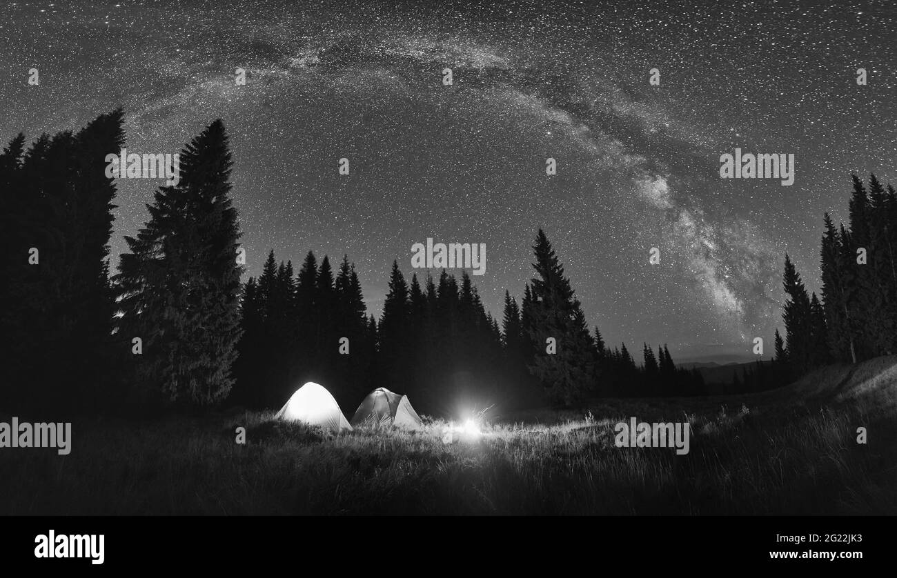 Vista panoramica del campeggio notturno in valle con grandi pini. Fuoco di fuoco e tende turistiche illuminate sotto il cielo stellato luminoso con Via Lattea. Immagine in bianco e nero. Foto Stock