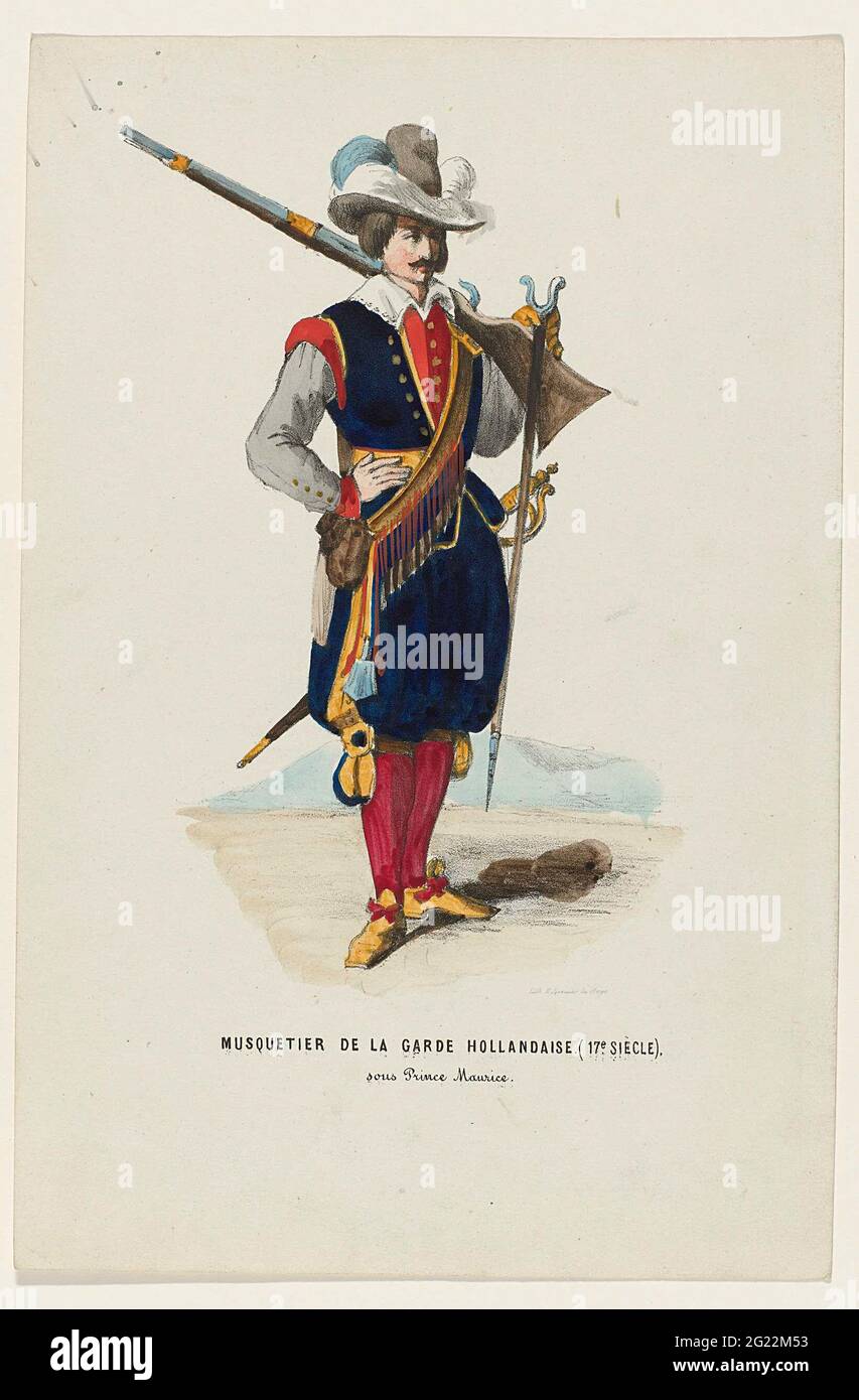 Musquetier De la Garde Hollandaise (17th Siècle). Uomo in costume storico di un moschettiere della guardia olandese sotto il principe Maurits, 17 ° secolo. La presentazione è stata aggiunta alla lamiera sopra la palla in costume tenuta al Palazzo del Principe d'Orange (l'ultimo re Guglielmo III) a l'Aia il 26 febbraio 1845. Foto Stock