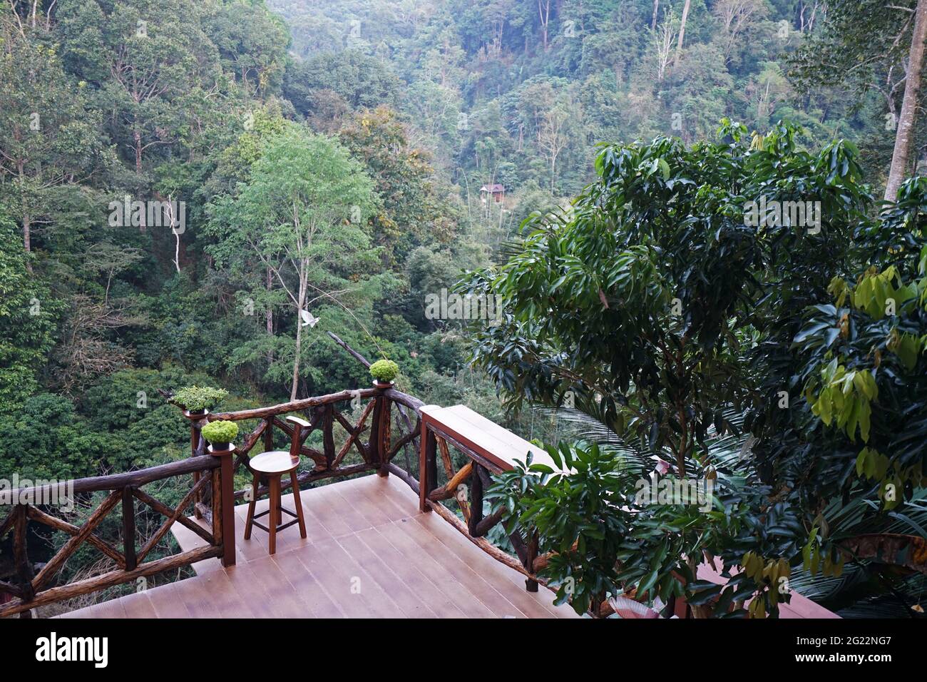Balcone in legno terrazza architettura e design di costruzione di locali tra verde giungla parco Foto Stock