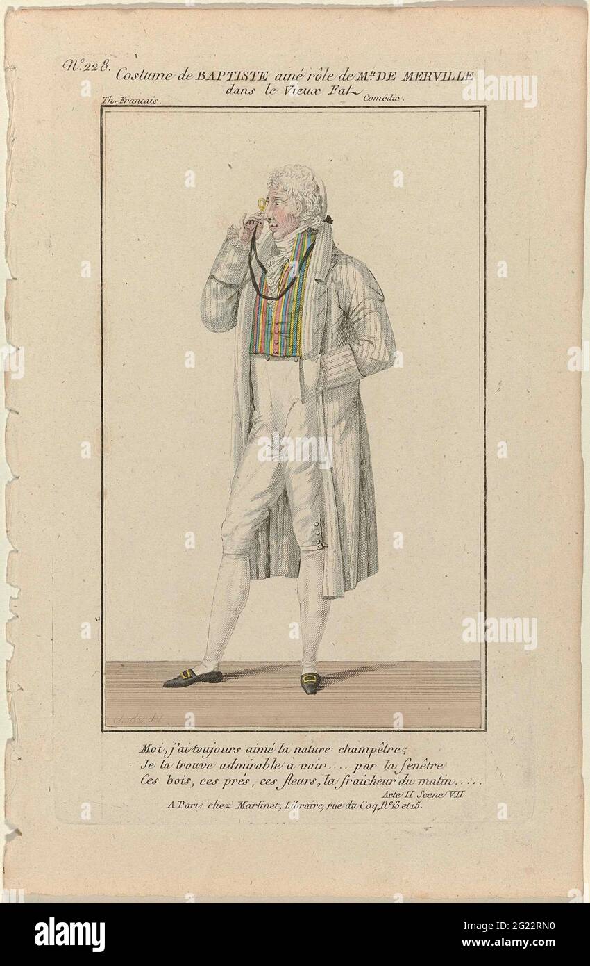 Petite Galerie Dramatique, 1796-1843, No. 228: Costume il Battista (...). Costume dell'attore Baptiste Ainé nel ruolo di De Merville nella commedia 'le Vieux Fal', sollevata nel 'Théâtre français' (?) A Parigi. Con tre righe di testo dal secondo atto, scena sette. Giacca a righe, cardigan a righe e pantaloni ginocchia. Jabot rugato. Calze. Lorgnet al cavo. Scarpe piatte con fibbie quadrate. Stampa della rivista Petite Galerie Dramatique ou Recueil de Différents Costumes d'actors des Théâtres de la capitale (1796-1843). Foto Stock