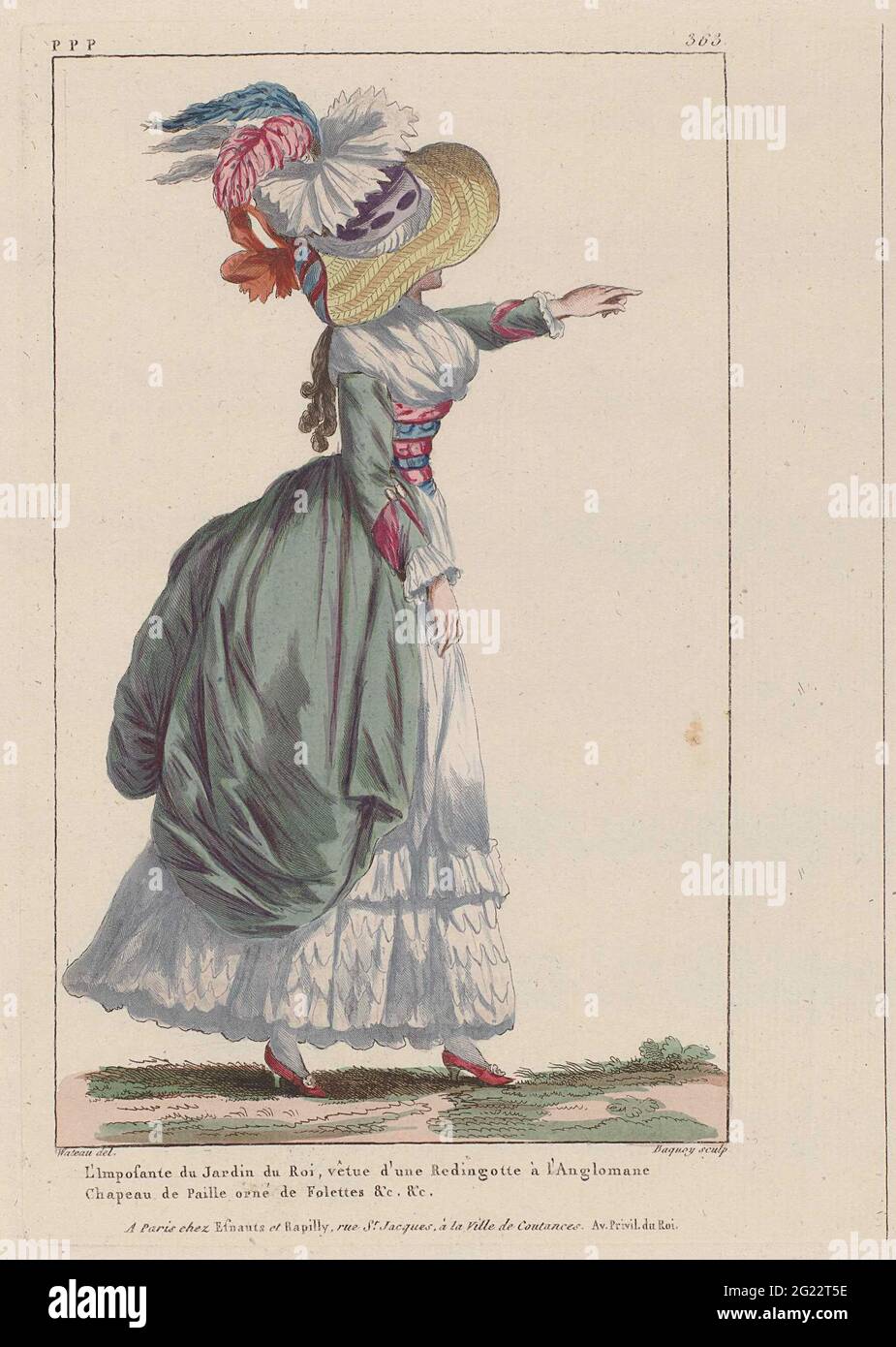 Gallery des Modes et Costumes Français, 1787, ppp 363: l'imponente du Jardin (...). Donna trekking nel 'Jardin du Roi', vestito in un edlingote inglese ('Redingotte à l'Anglomane'). Sulla testa un cappello di paglia decorato con piume. La resurrectionote si è fermata da dietro; lo zoom della gonna è decorato con una striscia di tessuto rugosa e un motivo scottato. Intorno al collo un fichu. Scarpe con tacco a contrasto e rosetta. Dalla serie PPP. 58th Cahier de Costumes Français, Habillemens à la Mode, Gallery des Modes et Costumes Français. Foto Stock