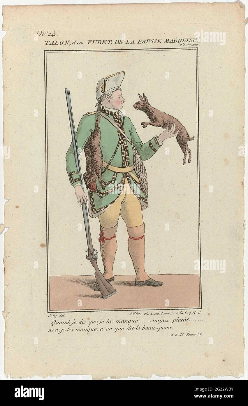 Petit Galerie Dramatique, 1805, No. 14: Talon, danza Furet (...). Costume dell'attore Talon nel melodramma 'Furet, la Fausse Marquise', cresciuto nel 'Théâtre de la Porte Saint-Martin' di Parigi. Il brano è composto da tre atti, scritti da Jean-Baptiste Dubois. Con due righe di testo dal primo atto, scena quattro. Stampa della rivista Petite Galerie Dramatique ou Recueil de Différents Costumes d'actors des Théâtres de la capitale (1796-1843). Foto Stock