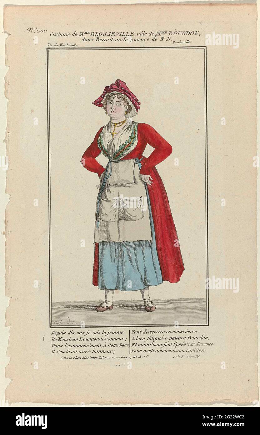 Petite Galerie Dramatique, ca. 1809 - 1843, n. 200: Costume De Mme Blossevill (...). Costume dell'attrice Blosseville nel ruolo di Mme Bourdon dalla commedia 'Benoit ou le Pauvre de Notre Dame', sollevata nel 'Théâtre du Vaudeville' di Parigi. Il brano è composto da due atti, scritti da Marie-Joseph Pain (1773-1830), pubblicati intorno al 1809. Con due volte quattro regole dal primo atto, scena quattro. Stampa della rivista Petite Galerie Dramatique ou Recueil de Différents Costumes d'actors des Théâtres de la capitale (1796-1843). Foto Stock